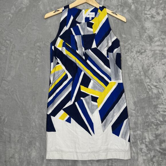 Milly Dress Womens 4 Blue Yellow White Geometric Print Sleeveless Made USA Mod